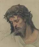 French, A head study of Christ with a crown of thorns, charcoal and chalk by Benedict Masson, 1873, charcoal and chalk, sold Feb 2023