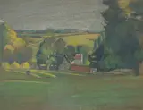 Stone buildings surrounded by trees in a countryside landscape by Donald Hughes, Stone buildings surrounded by trees in a countryside landscape, pastel, signed, offered Feb 2023