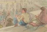 Figures seated on stone steps with a crowd standing below by Marjorie Heather, watercolour, offered Feb 2023