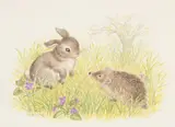 A bunny and hedgehog in the grass with violets by Ella Bruce, watercolour, offered Feb 2023