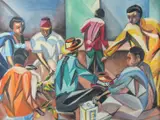Uganda, a scene of figures in a marketplace by Jayant Ruwala, watercolour, sold Feb 2023