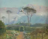A garden view with mountain beyond by Evelyn Percival-Clark, watercolor, sold Feb 2023