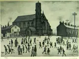 Monochrome print - with numerous figures entitled ' by Laurence Stephen Lowry limited edition, print, sold Jun 2019