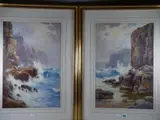 watercolours, a pair - steep coastal clifftop scenes with seagulls, signed, by Warren Williams, watercolor, sold Apr 2019