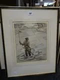 Coloured etching - fisherman wading in a river in red jacket by Henry Wilkinson limited edition, etching, offered Apr 2019