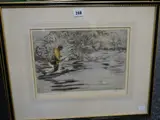 Coloured etching - fly fisherman casting while wading by Henry Wilkinson limited edition, etching, offered Apr 2019