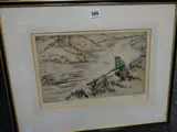 Coloured etching - fly fisherman on a bank in red tunic by Henry Wilkinson limited edition, etching, offered Apr 2019