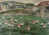 Colour lithograph - Swansea footballers playing against a team at the by Arthur Charlton, lithograph, sold Mar 2019