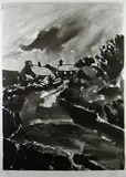 Inkwash print - cottages in a lane by Kyffin Williams Ra limited edition, print, sold Mar 2019