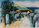 Colour lithograph - farm with cows in the lane and hill in the by John Elwyn artist proof, lithograph, sold Mar 2019