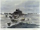 Print - Anglesey coastal church with tide out by Kyffin Williams Ra limited edition, print, sold Mar 2019
