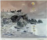 Print - cattle on Anglesey coastal headland under by Kyffin Williams Ra limited edition, print, sold Mar 2019