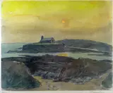 Colour print - St Cwyfan's church at sunset by Kyffin Williams Ra limited edition, print, sold Mar 2019