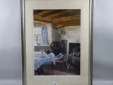 Print - interior kitchen scene with cat warming by a fire by Keith Andrew limited edition, 1987, print, sold Feb 2019