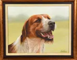 an original oil painting on canvas of a dog, signed and dated in pen, framed, 43cm x by John Silver, oil, sold Jan 2018