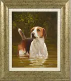 an original oil on canvas of a dog in water, signed and dated 2003, framed, 30cm x by John Silver, 2003, oil on canvas, sold Jan 2018