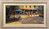 'A Shady Retreat', Summer street scene, figures seated at tables by Brian Jull, oil on board, sold Jan 2018