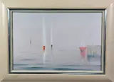 'Early Morning', boats by harbour wall on calm sea, oil on canvas, by J. Steggall, oil on canvas, sold Jan 2018