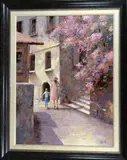 Mother and Child walking through a continental side street, oil on by Brian Jull, oil on canvas, sold Jan 2018
