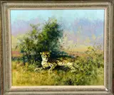 Cheetah resting in the shade of a bush, oil on canvas, by Tony Forrest, oil on canvas, sold Jan 2018