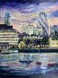 City by night from the river, oil on box canvas, signed lower left, by Karen Wallis, oil, sold Jan 2018
