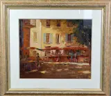 Continental market in a shady square, oil on board, signed lower right, by Brian Jull, oil on board, sold Jan 2018