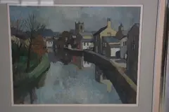 View of church and houses from the river, oil on board, signed lower by Tom Durkin, oil on board, sold Jan 2018