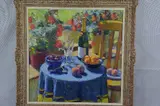 Still life with champagne, two glasses and fruit on a table in a sunny spot by Edward Noott, oil on canvas, sold Jan 2018