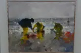 'Bagging Cockles', fisherman on a windy beach in the rain, oil by Lawrie Williamson, oil on canvas, sold Jan 2018