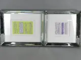 an original glass artwork of silver, lilac and clear glass, on a square mount by Cheryl McPherson, pencil, sold Jan 2018