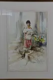 Study of a young lady seated beside a basket of flowers and companion study of a lady standing on stone steps beside a flower basket, watercolours by Gordon King, watercolor, sold Jan 2018