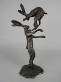 Fighting Hares, a bronze sculpture, incised marks, approximate height 27.5cm by Paul Jenkins, bronze, sold Jan 2018