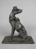 a contemporary bronze figure of a seated dog with its head looking over its by Robert Crutchley, bronze, sold Jan 2018