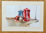 'Blue and Red', an original still life watercolour, mounted and framed, signed by the by Susan Shaw, watercolour, sold Dec 2017