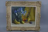 still life of a vase of irises and gypsophilia, bananas, oranges, pears and plums by Alton Rowland Lowe, oil on canvas, sold Dec 2017