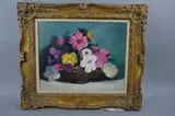 still life basket of hibiscus and other flowers, oil on by Alton Rowland Lowe, oil on canvas, sold Dec 2017