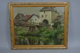 Figures on a wooden river bridge with buildings beyond, oil on by Julius Schrag, oil on board, sold Dec 2017