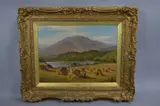 'Harvesting Time N Wales', figures in a field of stooks, lake by H. East, oil on canvas, sold Dec 2017