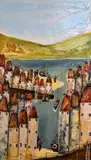 an oil on board of houses and a harbour, signed by the artist, 60cm x 35.5cm, by Rozanne Bell, oil on board, sold Nov 2017