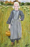 an oil on canvas of a Milkmaid, initialled and dated, 38cm x 24cm, unframed by Karl Harris, oil on canvas, sold Nov 2017