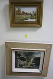 Haymaking in pastures by a church and companion study of figures by a watermill by Richard Rhead Simm, oil on board, sold Nov 2017