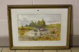Cattle watering in a river, watercolour, signed in pencil, 30cm x 47cm by Clara Irwin, watercolour, sold Nov 2017