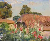 The artist's garden with Hollyhocks at Stratford Tony, Wiltshire Studio stamp on stretcher verso numbered 89 Oil on canvas 51 x 61cm ++Unlined, good condition by Wilfred Gabriel De Glehn, Oil on canvas, sold Dec 2016