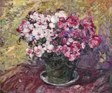 Pink flowers in a green pot Signed Oil on canvas 64 x 74cm ++Unlined, large unrepaired puncture just right of centre otherwise good condition by Jacobus Doeser, Oil on canvas, offered Dec 2016