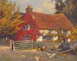 A farmhouse in autumn Signed Oil by Frederick Hall, Oil on board or paper, sold Dec 2016