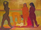 Bathers by a pool Signed and dated 1953 Oil on canvas, unframed 76 x 106.5cm ++A puncture upper left and a small puncture lower centre right by August Mosca, 1953, Oil on canvas, unframed, sold Dec 2016