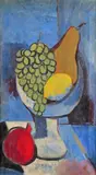 Still life of a pear, lemon and grapes on blue Oil on canvas 56 x 33cm With a watercolour of roses in a jug signed and dated 1942 (2) by August Mosca, 1942, Oil on canvas, sold Dec 2016