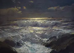 Moonlit waves on the shore with The Longships Lighthouse by Julius Olsson, Oil on canvas, sold Dec 2016