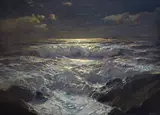 Moonlit waves on the shore with The Longships Lighthouse by Julius Olsson, Oil on canvas, sold Dec 2016