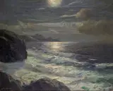 Moonlit waves on the shore Signed Oil by Julius Olsson, Oil on canvas, unframed, sold Dec 2016